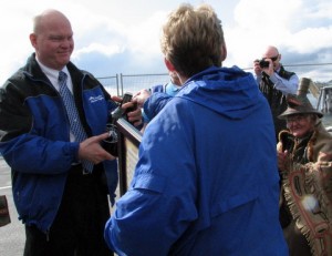 Ferry Chief Mike Neussl helps celebrate the resumption of Sitka-Angoon service at the Baranof Island city's terminal in May, 2012.