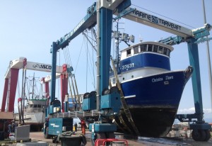 Both Wrangell boat lifts are in operation. The new one is in the back. (Delton Claggett/KSTK)