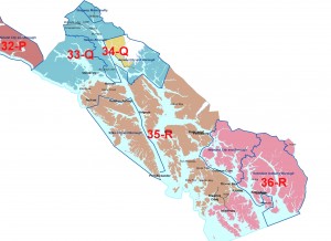 Southeast Alaska's House and Senate districts are shown in this 2013 redistricting map. (AK Redistricting Board)