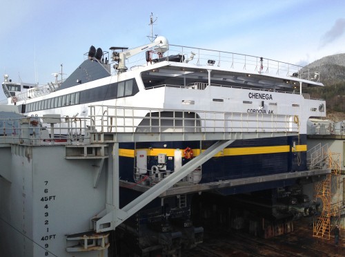 The fast ferry Chenega is up on blocks for repairs and maintenance at the Ketchikan Shipyard Feb. 21, 2014. The Alaska Marine Highway, roads, airports and other transportation projects could get a funding boost under Legislation moving in the state House. (Ed Schoenfeld/CoastAlaska News)