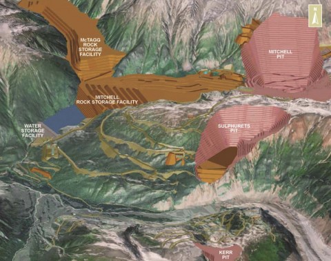 The KSM project's operational phase mine site layout includes pits to access ore, rock storage, a dam and a water treatment plant. (Courtesy KSM environmental assessment certificate application)