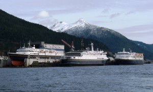 Two ferries dock at the Ketchikan Shipyard in 2012 while one is drydocked. Four of the marine highway's ships are slated to be tied up for the 2016 season. (Photo by Ed Schoenfeld/CoastAlaska News)